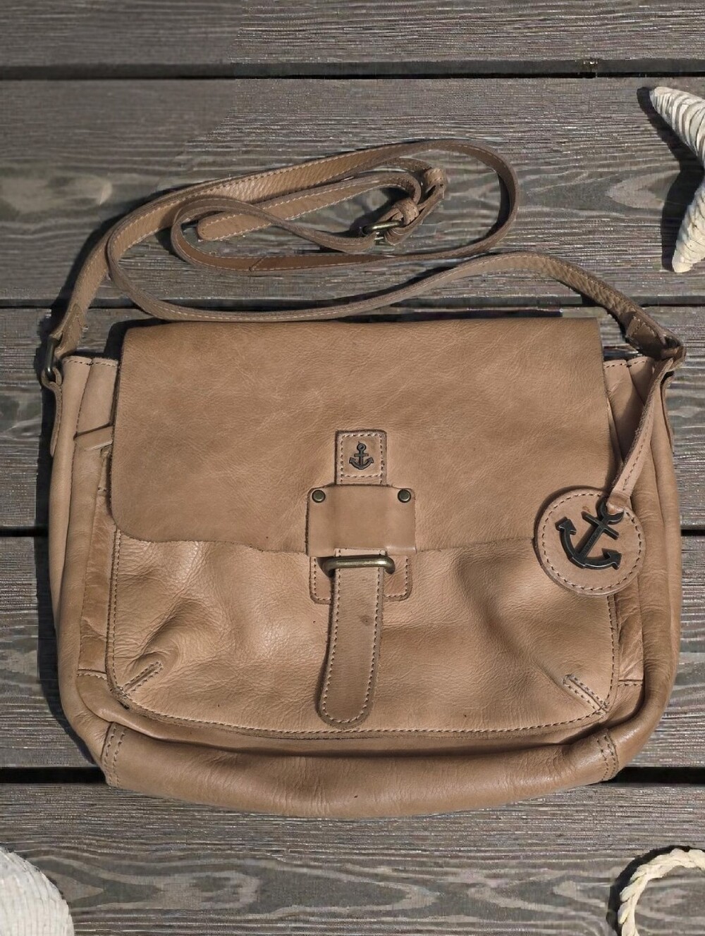 Harbour 2nd Tan Distressed Leather Flap Crossbody Bag w/ Anchor Detail